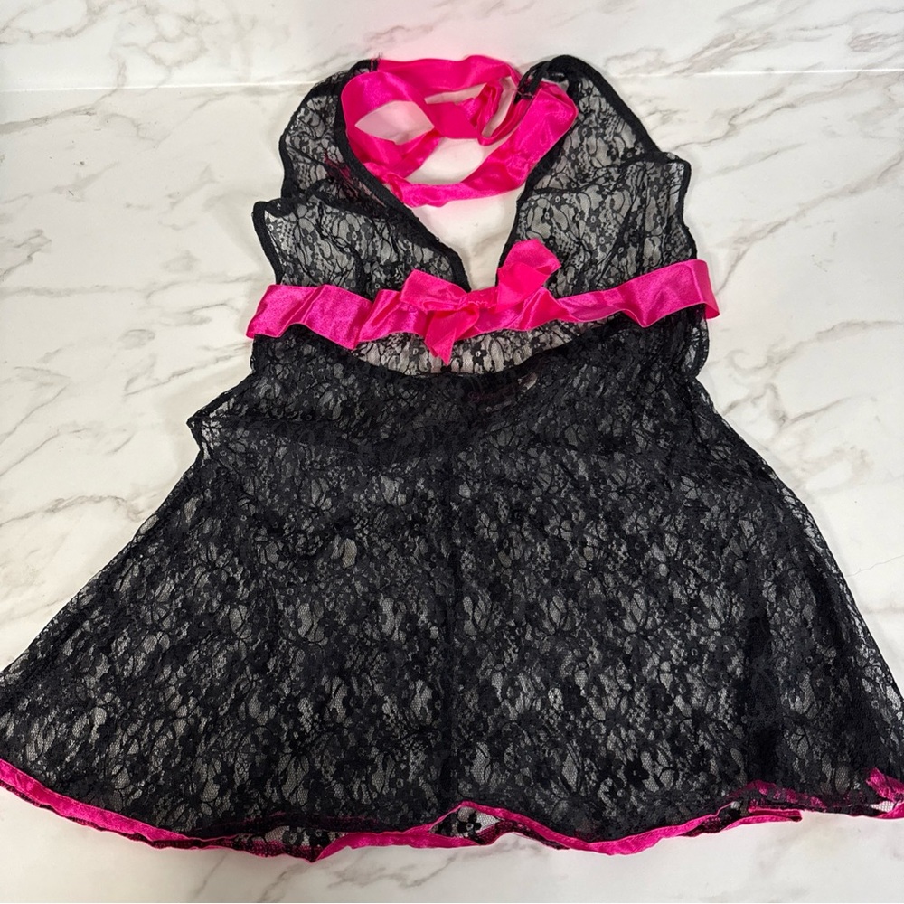 Dreamgirl Black Lace Open Back Halter Tie Lingerie Nightie Sleepwear Fantasy S/M